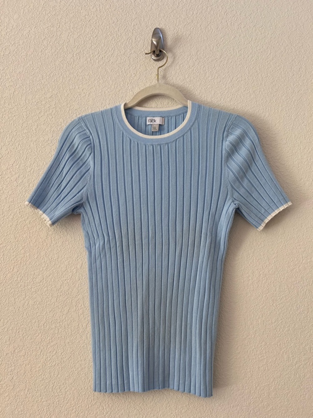 Vintage Nordstrom Rack Light Blue and White Ribbed Short Sleeve Blouse Size L